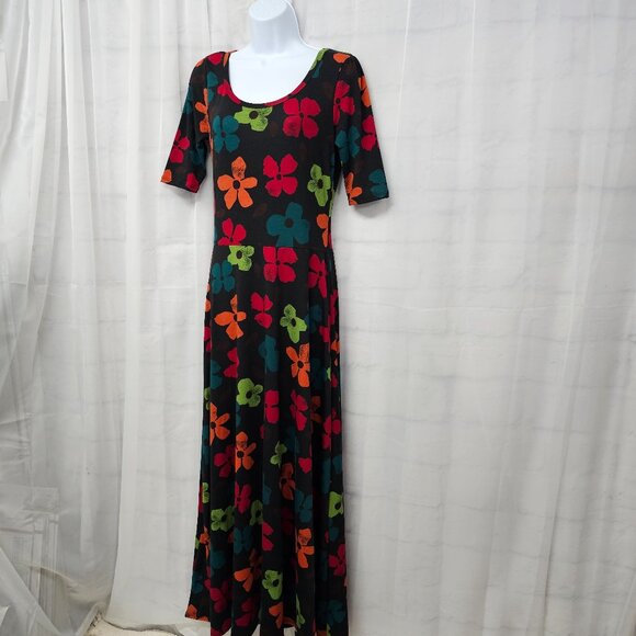 LuLaRoe Black Multi-Color Floral Maxi Dress Tee Boho Retro Grunge M - Picture 5 of 10